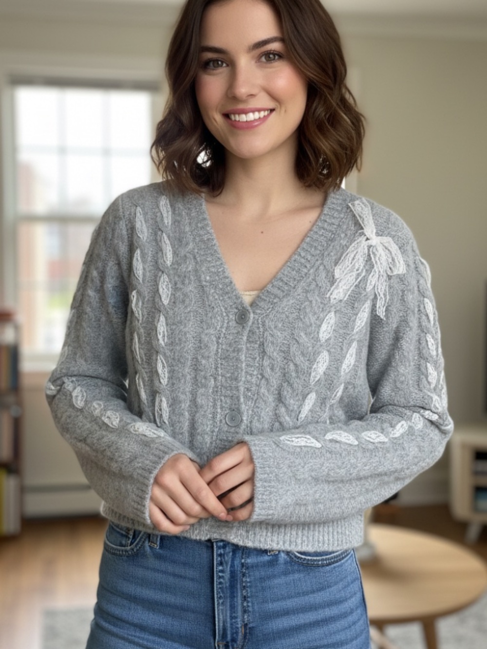 NWT And Now This chunky grey cardigan with white lace. Med